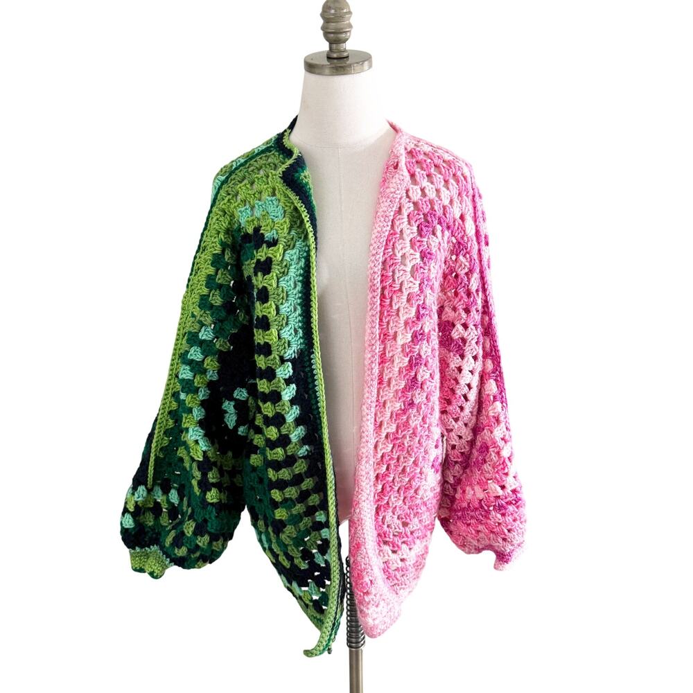 Handmade Pink and Green Wicked Inspired Crochet Cardigan Size S-L EUC Open Front